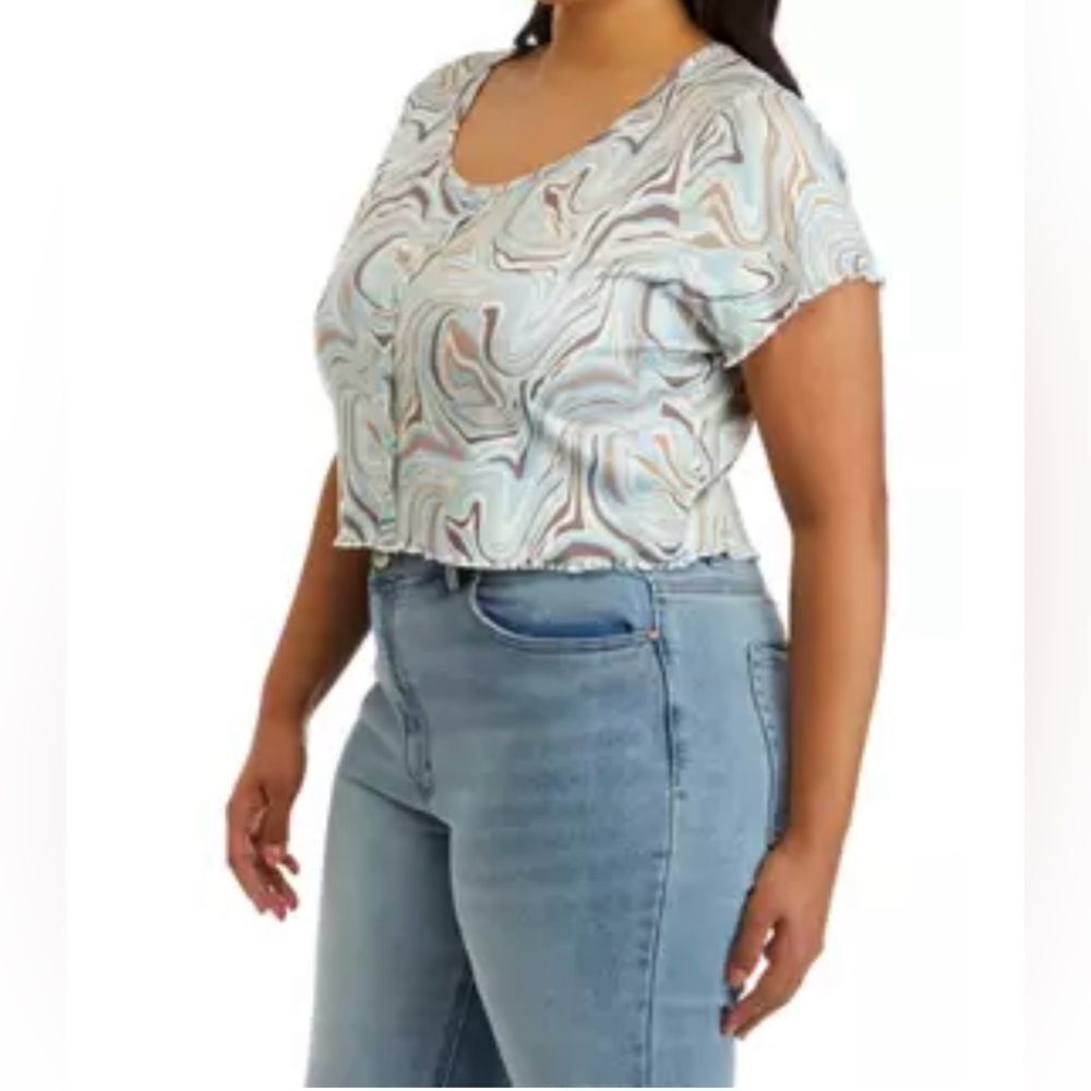 Wallflower Women’s Henley Printed Top Light Powder Blue Marbled psycadellic Lar